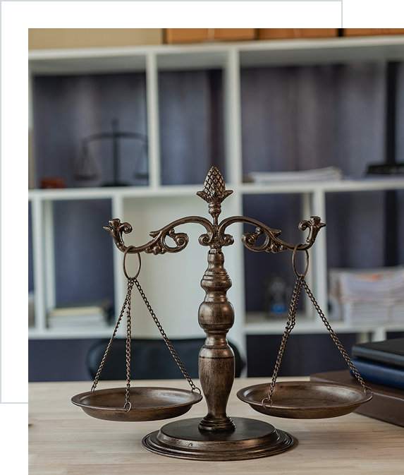 Decorative scales in front of shelves