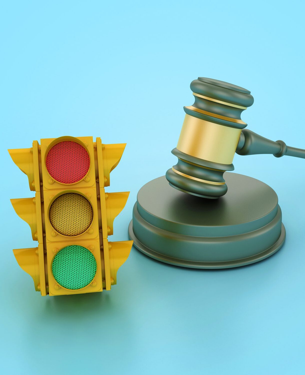 Traffic light and gavel on blue background