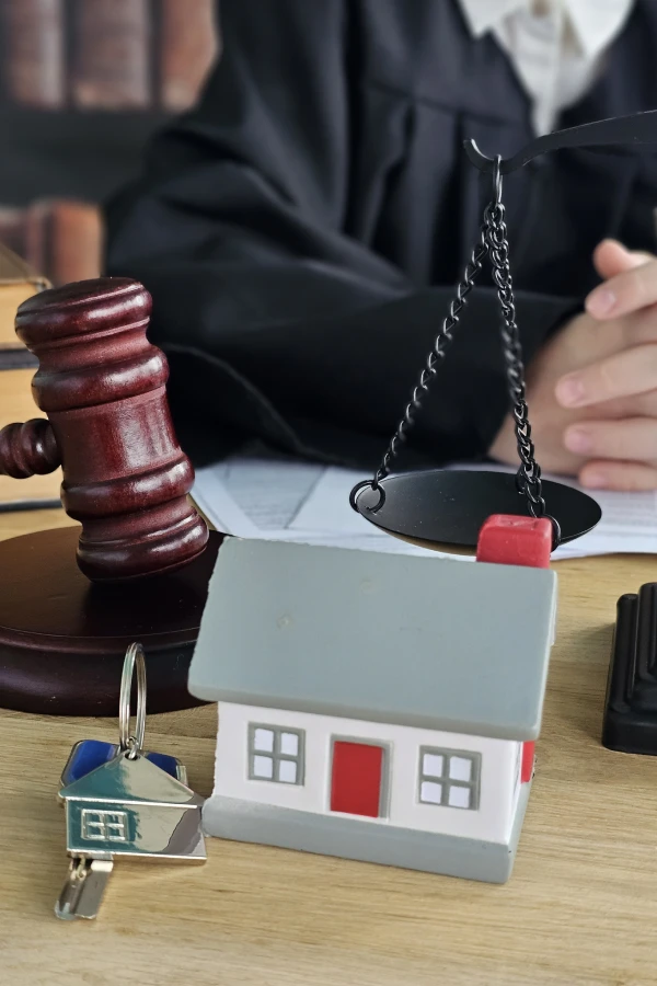 Gavel, scales, and house model on table